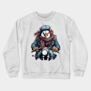 chicken wearing a jackets hat and a scarf on a motorcycle Crewneck Sweatshirt